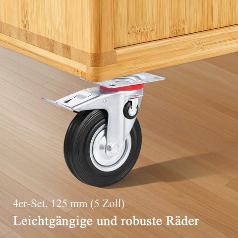 Close-up of a 4 Piece Caster Wheels Set for Furniture and Work Benches with 360 Swivel and Foot Brake Locks on wooden floor.