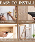 Installation steps for Wall Mounted Foldable Drying Rack With Sturdy Wood Rod, Space Saving Laundry Clothes Hanger for bathroom.