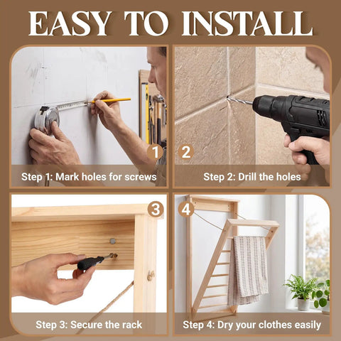Installation steps for Wall Mounted Foldable Drying Rack With Sturdy Wood Rod, Space Saving Laundry Clothes Hanger for bathroom.