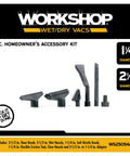 Top Tier Six Piece Wet Dry Vacuum Attachment Kit For 2 Inch And 2 5 Inch Shops features a floor brush, claw nozzle, and adapter.
