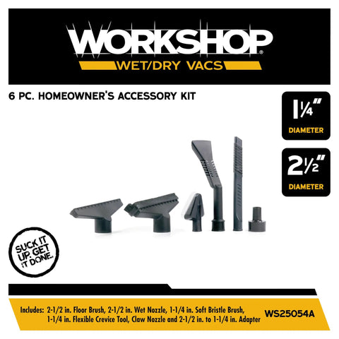 Top Tier Six Piece Wet Dry Vacuum Attachment Kit For 2 Inch And 2 5 Inch Shops features a floor brush, claw nozzle, and adapter.
