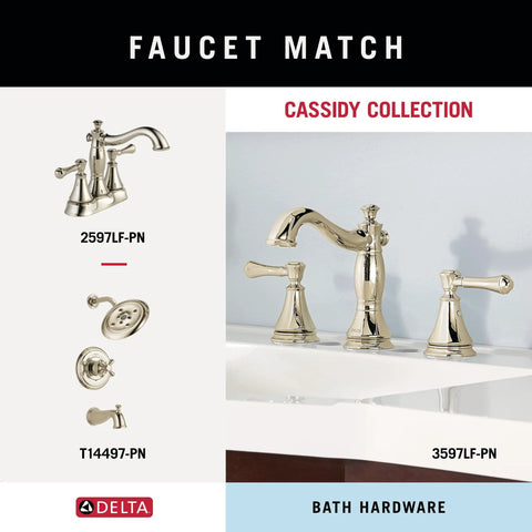 Cassidy Collection polished nickel bathroom faucets and bath hardware, three-piece set, wall-mounted on white sink