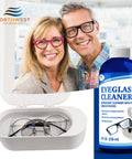 Eyeglass Cleaner ultrasonic solution bottle (blue, 8 oz) beside white eyeglass case with metal-frame glasses; Northwest Enterprises branding.