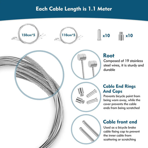 Premium Zinc Coated Bike Brake Cable Kit With Caps Set Includes 110cm And 150cm Cables Universal For Mountain Road BMX Bikes