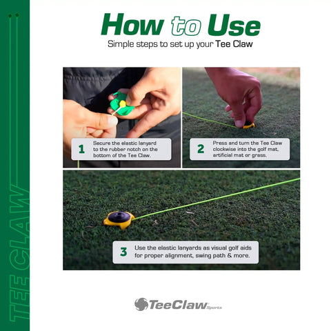 Instructions for setting up Tee Claw with elastic lanyards for alignment on grass, part of All In One Golf And Baseball Agility Training Kit