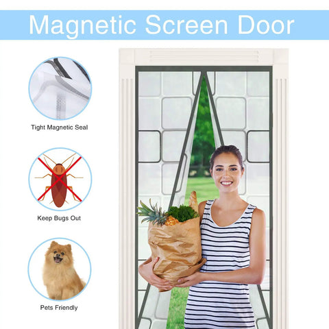 Woman holding groceries near Insulated Door Curtain With Thermal Magnetic Self Sealing Eva Door Screen Keeps Drafts Out And Stops Cold Air From Escaping, Hands Free Convenience For Kitchen And Bedroom, Fits Doors Up To 34 By 80 Inches Gray
