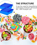 Blue Cellophane Flower Wrapping Paper Pack for Florists and DIY Peeps products with colorful candies on white background.