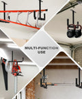 Four Pack Upgraded Overhead Garage Storage Racks Ceiling Mount System Durable Rust Resistant Shelves with hooks holding various tools and gear