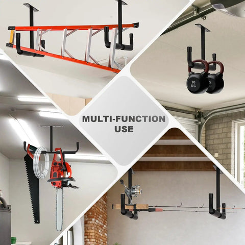 Four Pack Upgraded Overhead Garage Storage Racks Ceiling Mount System Durable Rust Resistant Shelves with hooks holding various tools and gear