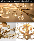 Close-up of 4 Light Vintage Crystal Chandelier Ceiling Light in Gold Finish with K9 crystals, elegant design details
