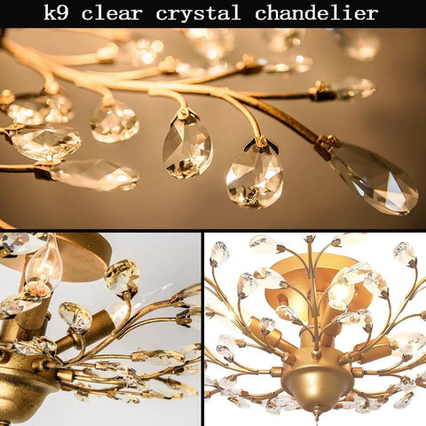 Close-up of 4 Light Vintage Crystal Chandelier Ceiling Light in Gold Finish with K9 crystals, elegant design details