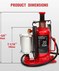 Red 20 Ton Air Hydraulic Bottle Jack with 10.2 to 20.1 inch lift range, dimensions 230mm height, for trucks and RVs.