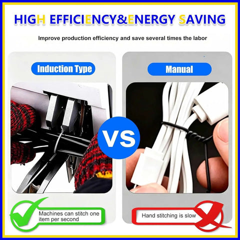 Effortless Electric Semi Automatic Twist Tie Machine With Fast One Second Binding and High Sensitive Sensor for Secure Bag Closure at Blazing 75 Ties Per Minute You Will Love This Pro Gear, showing induction vs manual bundling.
