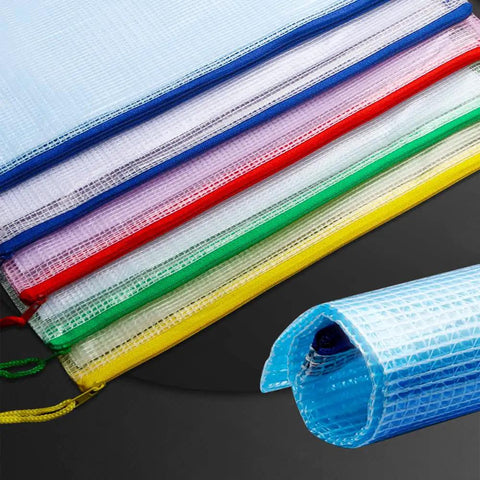 Slick Clear Plastic Zipper Document Bags Pack of Fifteen in Five Bright Shades With No Sweat Closure and Handy Wrist Loop for Receipts Checks Paperwork and All Your Gear stacked in vibrant colors.