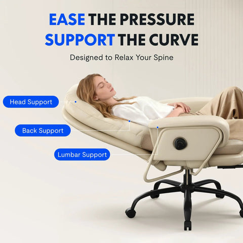 Person reclining on 2 In 1 Chaise Lounge Chair With Wheels For Cozy Lounging Leather Recliner With Extendable Footrest And 90 To 165 Degree Backrest Lumbar Support For Living Room Bedroom Home Office Or Study Beige White HC4