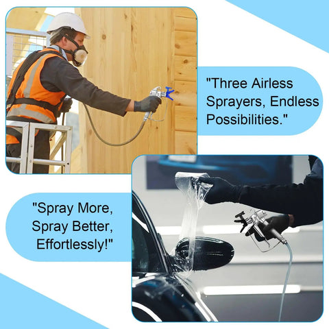 Heavy Duty Airless Paint Spray Gun 3 Pack With 513 515 519 Tips in use on wood and automotive surfaces for smooth coverage.