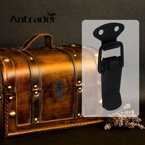 4 Pack Black Stainless Steel Cabinet Latch Hasps With Screws, Spring Loaded Toggle Catches For Boxes, shown on chest.