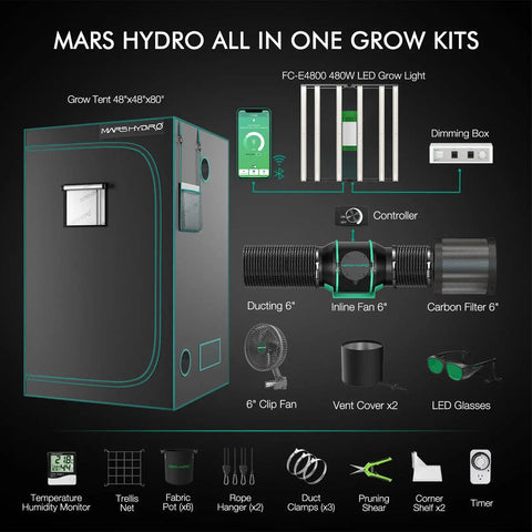 Mars Hydro 4x4 Grow Tent Kit With Smart LED Light And App WiFi Control, 480W FC-E4800, 2646 LEDs, and accessories.