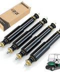 Golf Cart Shocks Front And Rear For EZGO TXT 1994 Up Gas And Electric Models Replacement Absorbers Premium Heavy Duty Ride Quality Fits Marathon And Jacobsen 4 Wheel Carts, four shock absorbers and packaging with golf cart image