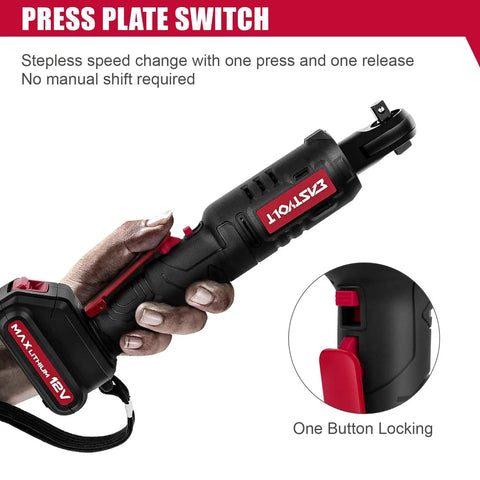 Close-up of 12 Volt Cordless Ratchet Wrench Set Three Eighths Inch Drive With Thirty Five Ft Lbs Torque focusing on switch.