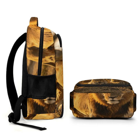 Side view of Dope Golden Hour Lion Printed Unisex Backpack With Large Capacity For School Travel And Everyday Carry Durable Polyester