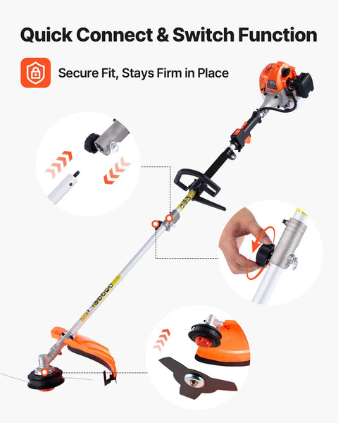 Gas Powered 7 In 1 Yard Tool With Hedge Trimmer String Trimmer Brush Cutter 3T And 40T Edger Pole Saw And Chain Saw 26cc 2 Cycle Engine Includes Extension Pole And Protective Gear showing quick connect feature.
