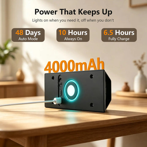 Fuligent Motion Sensor Light Indoor, Rechargeable Wall Sconce, 2 Pack with charging indicator and 4000mAh battery on a table.