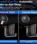 Close-up of ICar Pro Mini OBD2 Bluetooth Scanner indicating vehicle start and stop with automatic wake-up and sleep features.