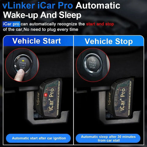 Close-up of ICar Pro Mini OBD2 Bluetooth Scanner indicating vehicle start and stop with automatic wake-up and sleep features.