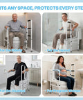 Heavy Duty Aluminum Bathroom Assist Rail Frame For Seniors And Adults Delivers Built Tough Support And Zero Shake Feel During Daily Bathroom Transfers Safely, shown in use by seniors, injured, and pregnant women.