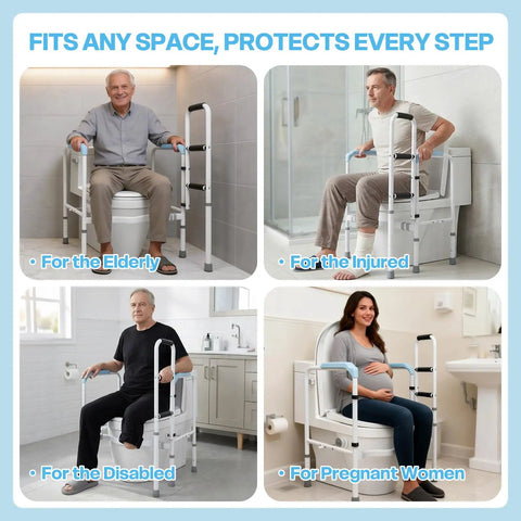 Heavy Duty Aluminum Bathroom Assist Rail Frame For Seniors And Adults Delivers Built Tough Support And Zero Shake Feel During Daily Bathroom Transfers Safely, shown in use by seniors, injured, and pregnant women.