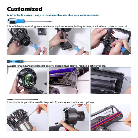 Close-up images showing V Series Vacuum Disassembly Tool Set For V6 Through V15 Cleaners Featuring A Durable Screwdriver And Crowbar.