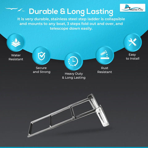 Heavy Duty 3 Step Telescoping Swim Platform Ladder Crafted From Marine Grade 304 Stainless Steel featuring a secure design and easy installation.