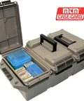 AC3C 3 Can Ammo Crate For 50 Caliber And Multi Caliber Storage open with visible ammo boxes and blue holders inside compartments