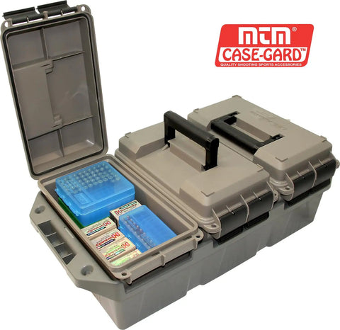 AC3C 3 Can Ammo Crate For 50 Caliber And Multi Caliber Storage open with visible ammo boxes and blue holders inside compartments