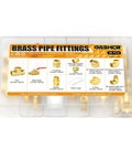 48-piece brass pipe fittings kit with 1/4 inch NPT couplings, elbows, nipples, and valve for DIY plumbing projects in a labeled case