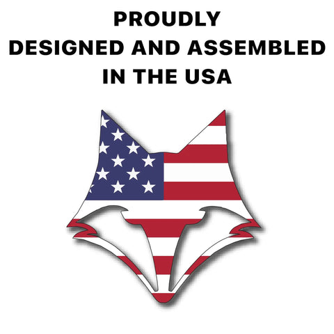American flag fox logo with text 'Proudly Designed and Assembled in the USA'