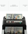 Front view of High Speed USD Bill Counter With UV And MG Counterfeit Detection displaying 100 USD bills, 1-year warranty notice.