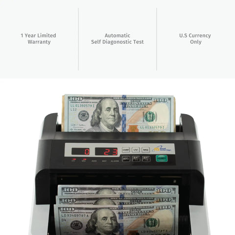 Front view of High Speed USD Bill Counter With UV And MG Counterfeit Detection displaying 100 USD bills, 1-year warranty notice.