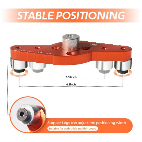 Self Centering Dowel Jig Kit With Drill Guide Scriber And Bits For Woodworking DIY Includes 1/4, 5/16, 3/8 And 1/2 Inch Drill Bits Quick Clamp And Adjustable Legs For Precise Easy Drilling with dimensions and adjustable stopper legs.