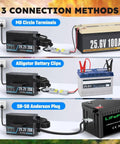 Beefed Up 24V LiFePO4 Battery Charger With 29.2V Output 20A For 25.6V LiFePO4 Packs In RV Boat Truck Marine And Solar 0V Wake Up LED Indicator And 3 Connectors For Easy Plug And Charge, showcasing connection methods