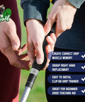 Hands holding a golf club with Right Hand Golf Grip Trainer For Proper Grip Position, Ergonomic Training Aid to fix flaws fast.