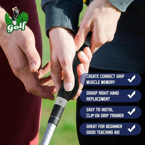 Hands holding a golf club with Right Hand Golf Grip Trainer For Proper Grip Position, Ergonomic Training Aid to fix flaws fast.