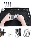Premium Pro Grade ESD Safe Soldering Mat Kit including wrist strap and grounding plug, used for electronics repair on black mat.