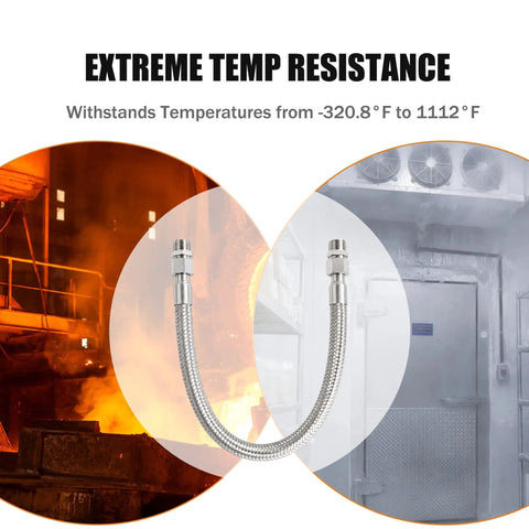 High Grade Top Shelf Air Compressor Jumper Hose 1/2 Inch Npt X 20 Inch Flexible Braided Tube With Swivel Flared Seat Fittings For Pump To Tank Setup And Smooth Sailing Routing, showcasing extreme temperature resistance.