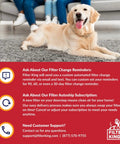 Golden retriever on carpet next to red Filter King text offering air filter reminders, autoship subscription, and customer support info.