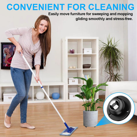 Woman cleaning floor with a mop, demonstrating Self Adhesive Caster Wheels 360 Degree Rotating Swivel Castors for furniture mobility.