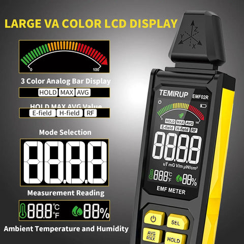 5 In 1 EMF Meter Detector For Home Use And Ghost Hunting, Detects Radio Frequency, Electric And Magnetic Fields, Temperature And Humidity Readouts, Rechargeable EMF Reader, Handy Field Strength Meter For Quick Radiation Checks. Black handheld EMF meter with yellow buttons and LCD.