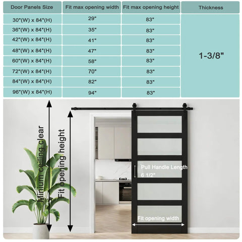 Tempered Frosted Glass Sliding Barn Door With 7 Ft Hardware Kit And Handle, Solid Core Wood Construction, installed in a room