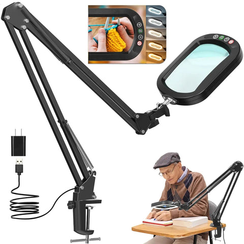 10X Lighted Magnifier With Clamp And Stand For Close Work Real Glass Lens 5 Color Modes Stepless Dimming Hands Free Led Swing Arm Desk Lamp for crafting and reading, shown in use and with adjustable settings.